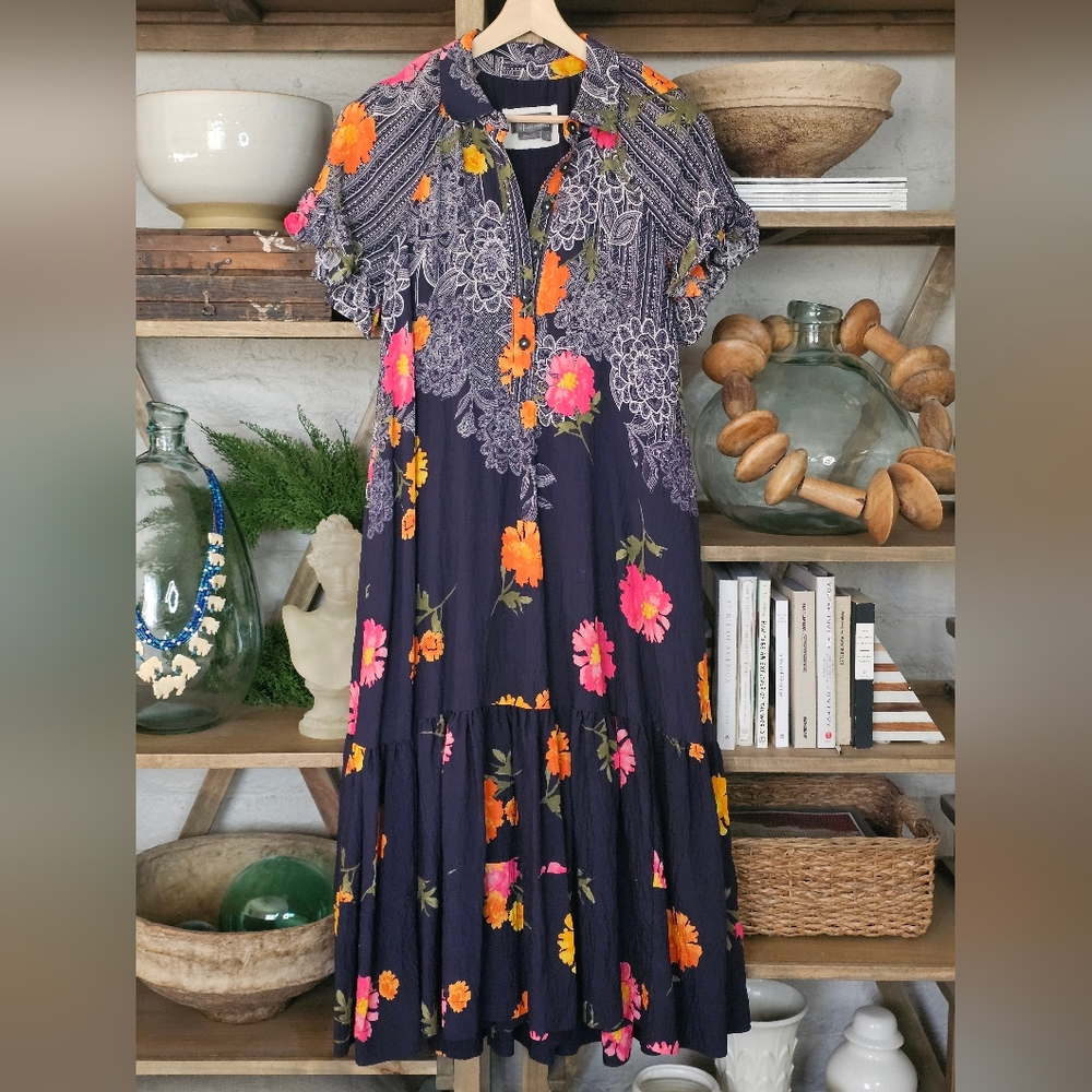 Anthropologie Maeve Ruffle-Sleeve Floral Midi Dress Navy Size Small NWOT